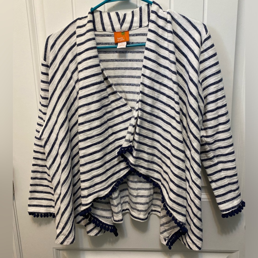 Hearts of Palm navy/white striped open cardigan. Size Large. Tassel detail.